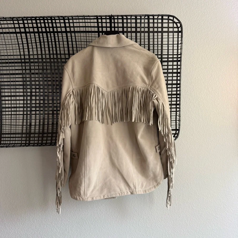 Free People Beige Fringe Leather Jacket